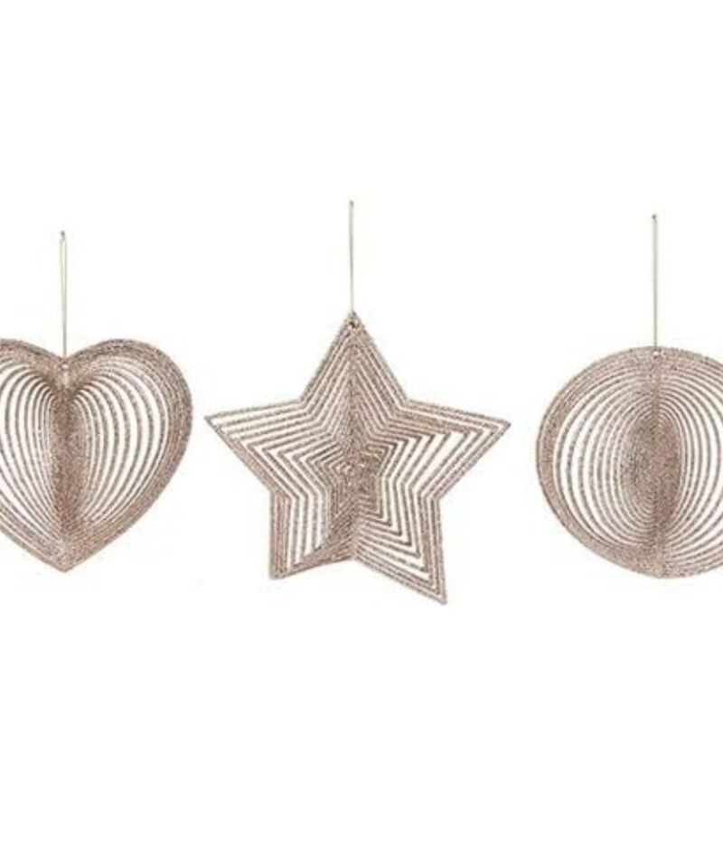Toyland® Pack Of 3-14cm Rose Gold Christmas Hanging Spinner Decorations - 3 Assorted Designs - One Of Each Supplied