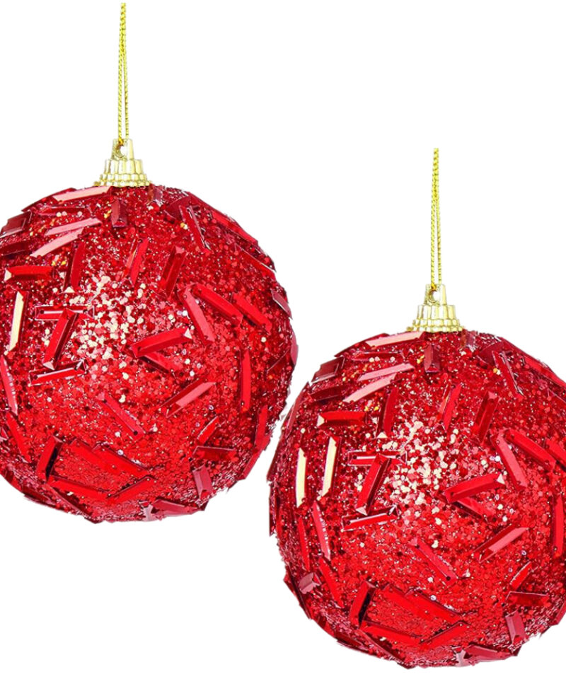 Toyland Pack of 2-13cm Glittery Red Round Shaped Christmas Tree Bauble Decoration