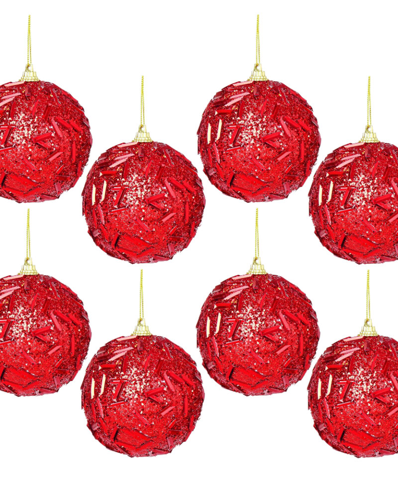 Toyland Pack of 8-13cm Glittery Red Round Shaped Christmas Tree Bauble Decoration