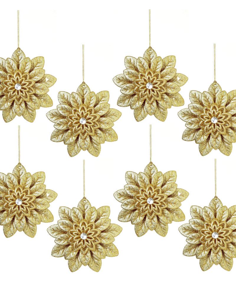 Toyland Pack of 8 - Gold Glitter Flower Tree Trim - Christmas Decorations - Tree Trimmings