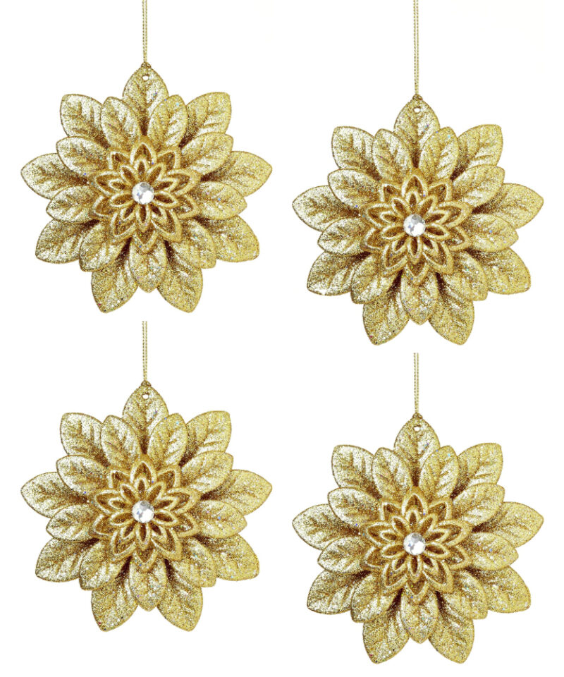 Toyland Pack of 4 - Gold Glitter Flower Tree Trim - Christmas Decorations - Tree Trimmings