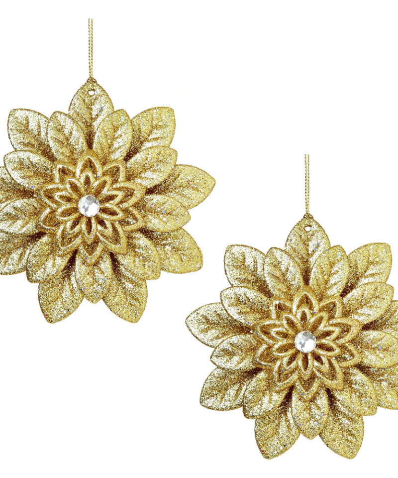 Toyland Pack of 2 - Gold Glitter Flower Tree Trim - Christmas Decorations - Tree Trimmings