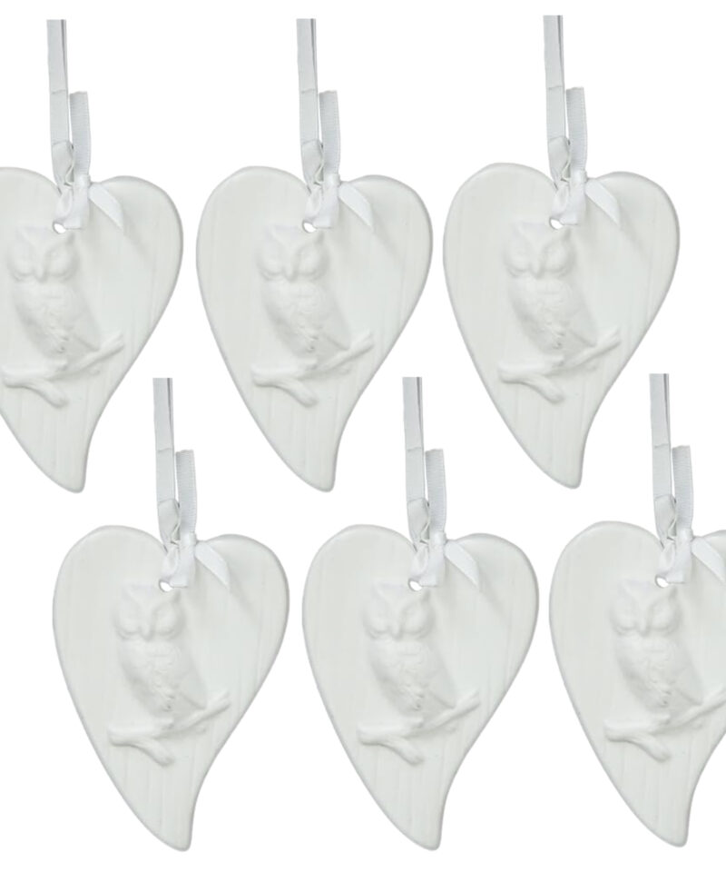 Pack of 6-9cm White Porcelain Heart Shaped Tree Trim With Owl Decoration - Perfect For Your Christmas Tree