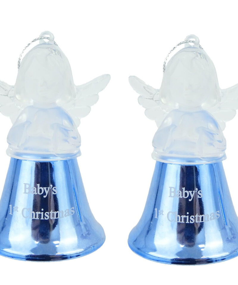 Toyland® Two 9cm Light Blue Baby's First Christmas Tree Bells With Clear Plastic Angel Attached