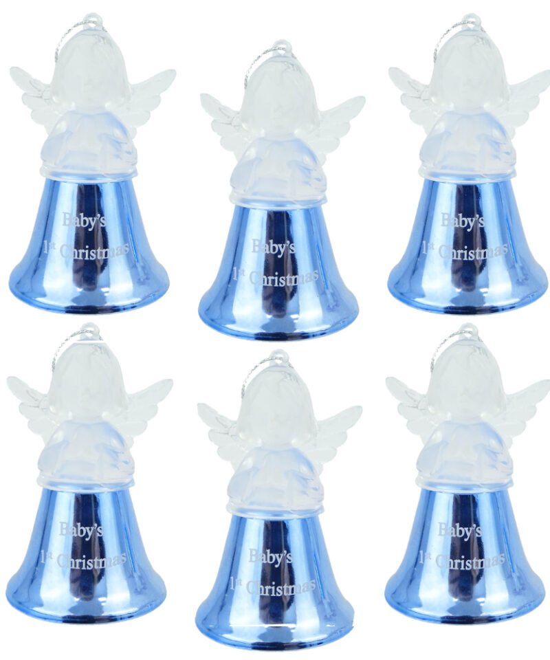 Toyland® Six 9cm Light Blue Baby's First Christmas Tree Bells With Clear Plastic Angel Attached