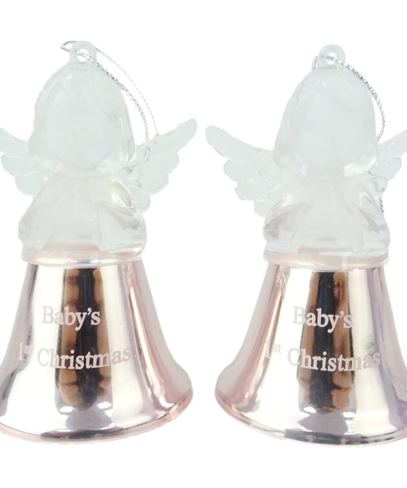 Toyland® Two 9cm Light Pink Baby's First Christmas Tree Bells With Clear Plastic Angel Attached