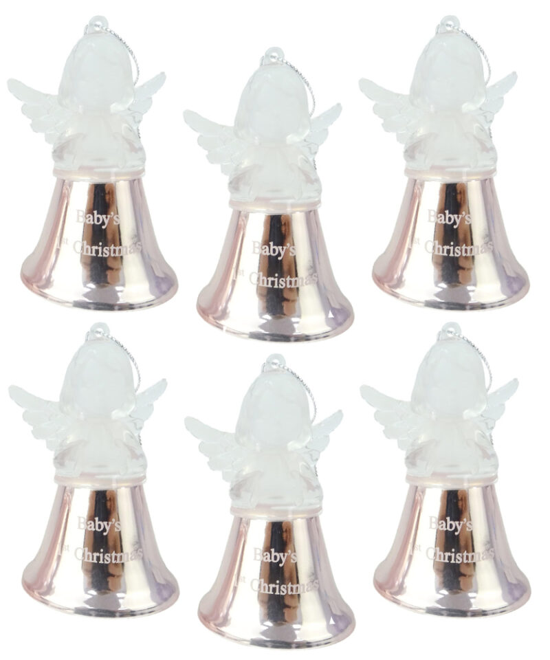 Toyland® Six 9cm Light Pink Baby's First Christmas Tree Bells With Clear Plastic Angel Attached