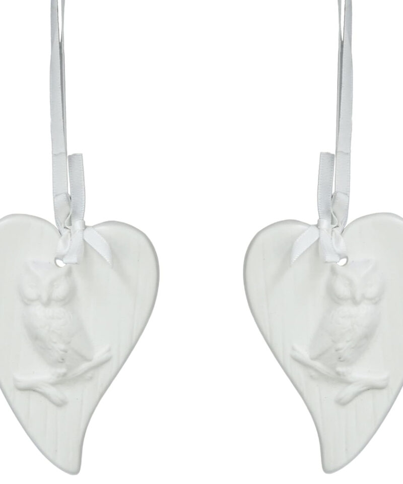 Two 9cm White Porcelain Heart Shaped Tree Trim With Owl Decoration - Perfect For Your Christmas Tree