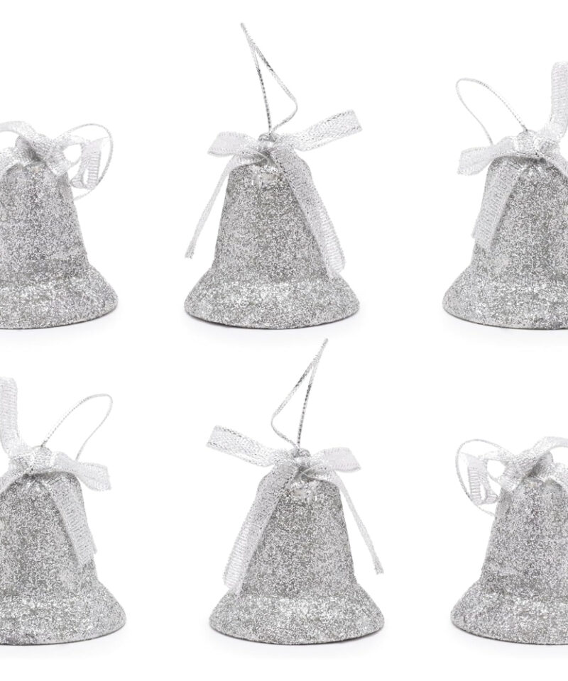 Two Packs Of Three Glittery Silver Bell Tree Trims - Perfect Christmas Tree Decoration
