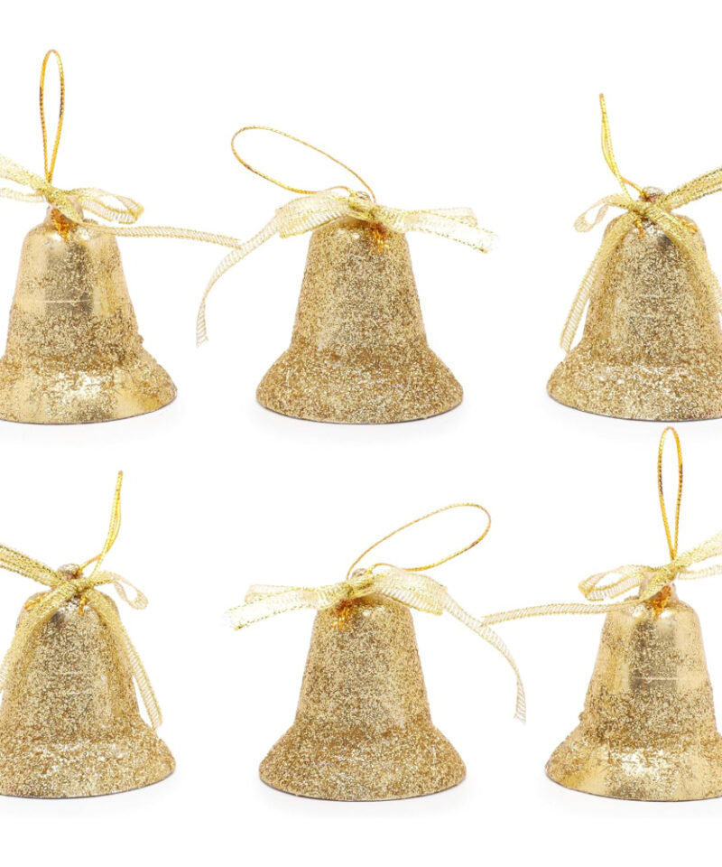 Two Packs Of Three Glittery Gold Bell Tree Trims - Perfect Christmas Tree Decoration