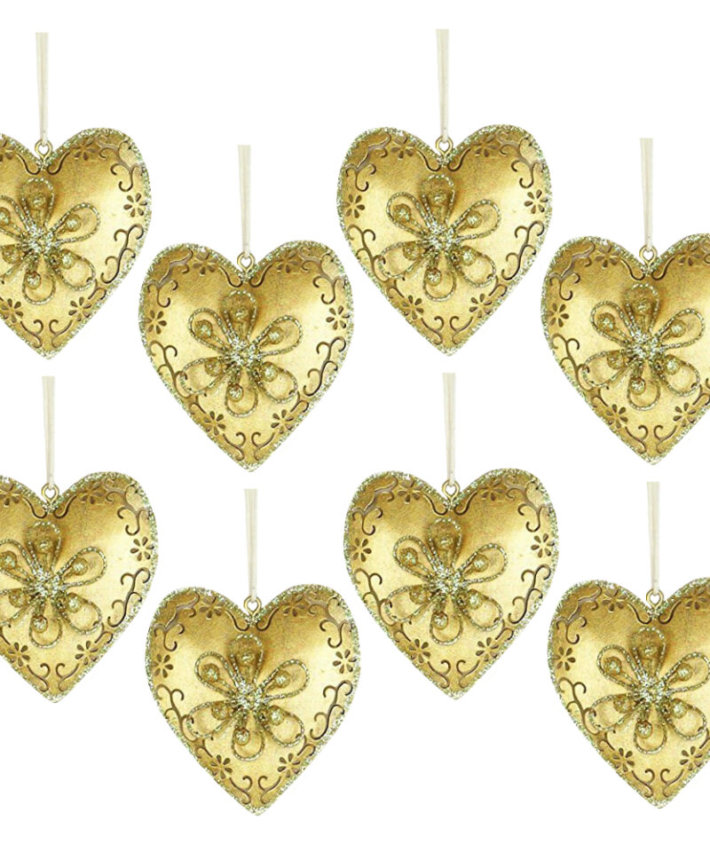 Toyland® Eight Sweet Sparkling Gold Heart Hanging Decorations With Floral Decorations - Christmas Tree Decorations