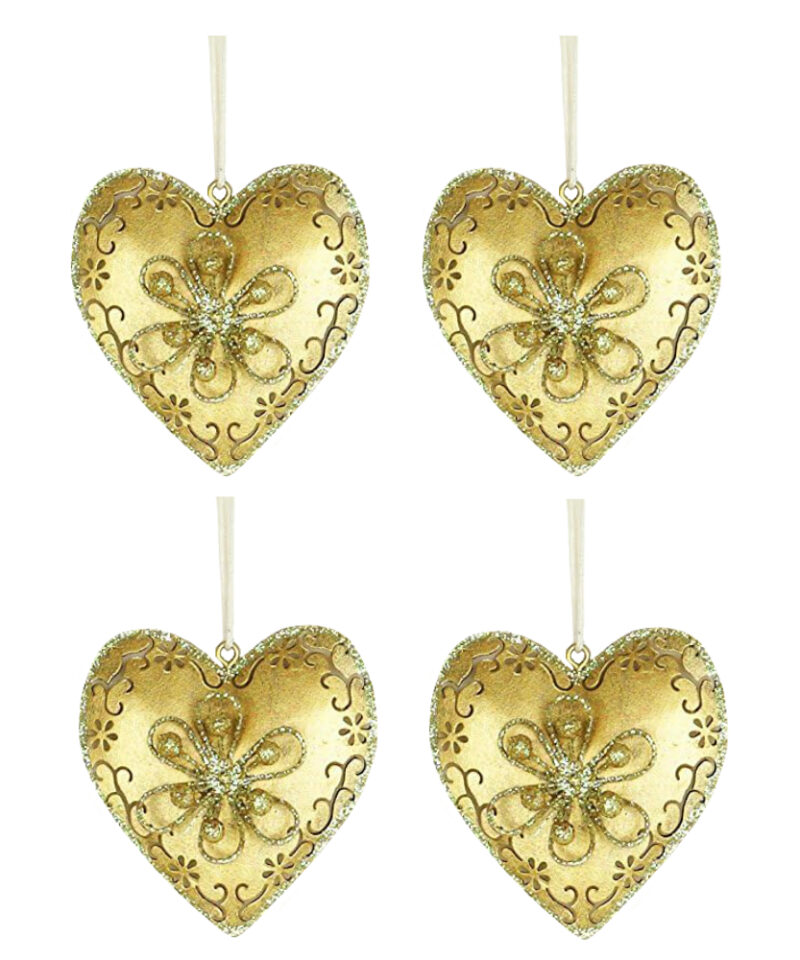 Toyland® Four Sweet Sparkling Gold Heart Hanging Decorations With Floral Decorations - Christmas Tree Decorations