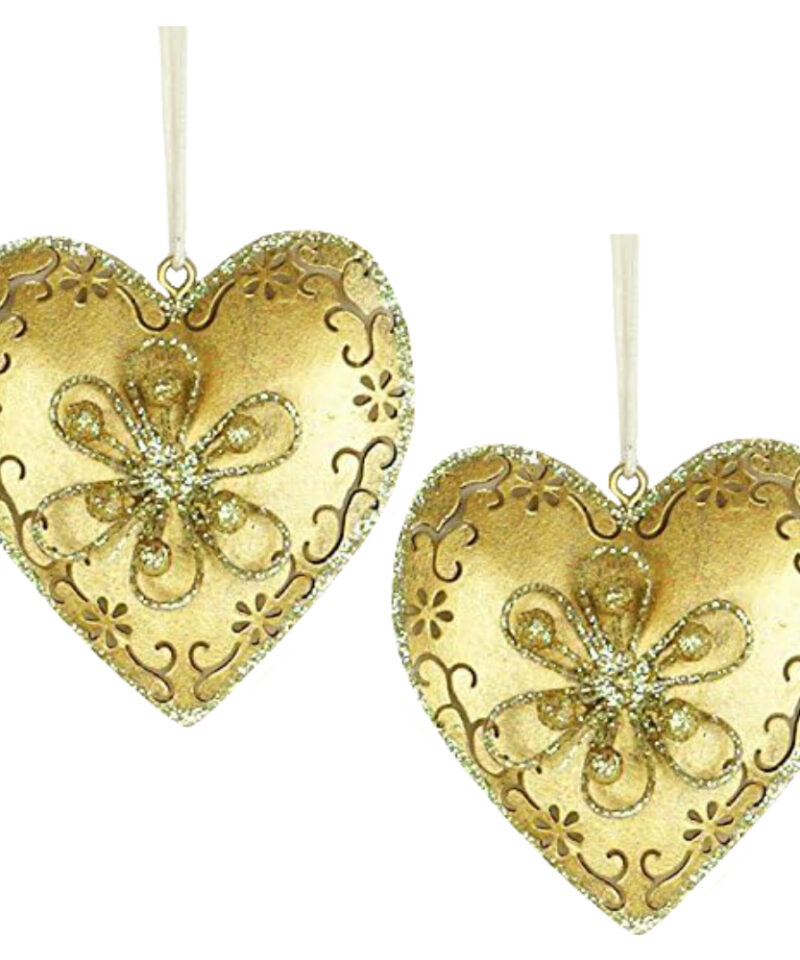 Premier Two Sweet Sparkling Gold Heart Hanging Decorations With Floral Decorations - Christmas Tree Decorations