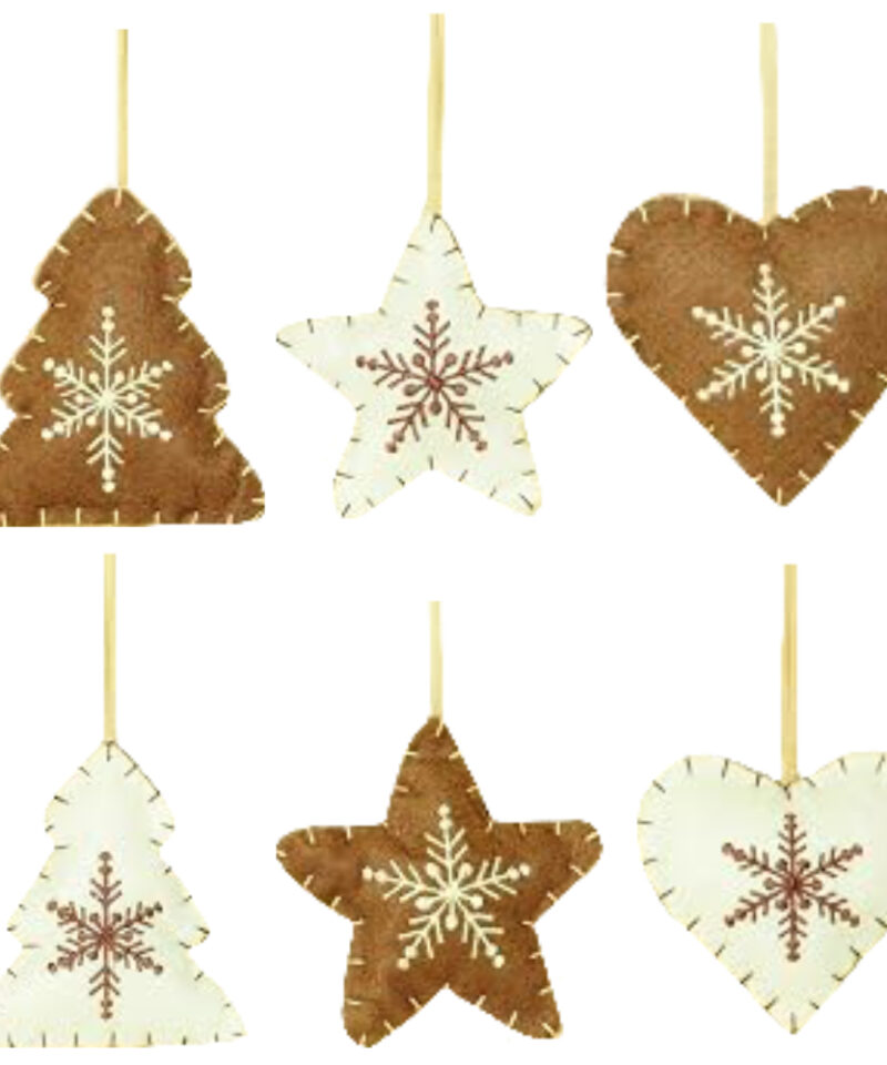 One Of Each Assorted Brown And White Differently Shaped Fabric Tree Hangers With Contrasting Snowflake Detail - Christmas Tree Decorations