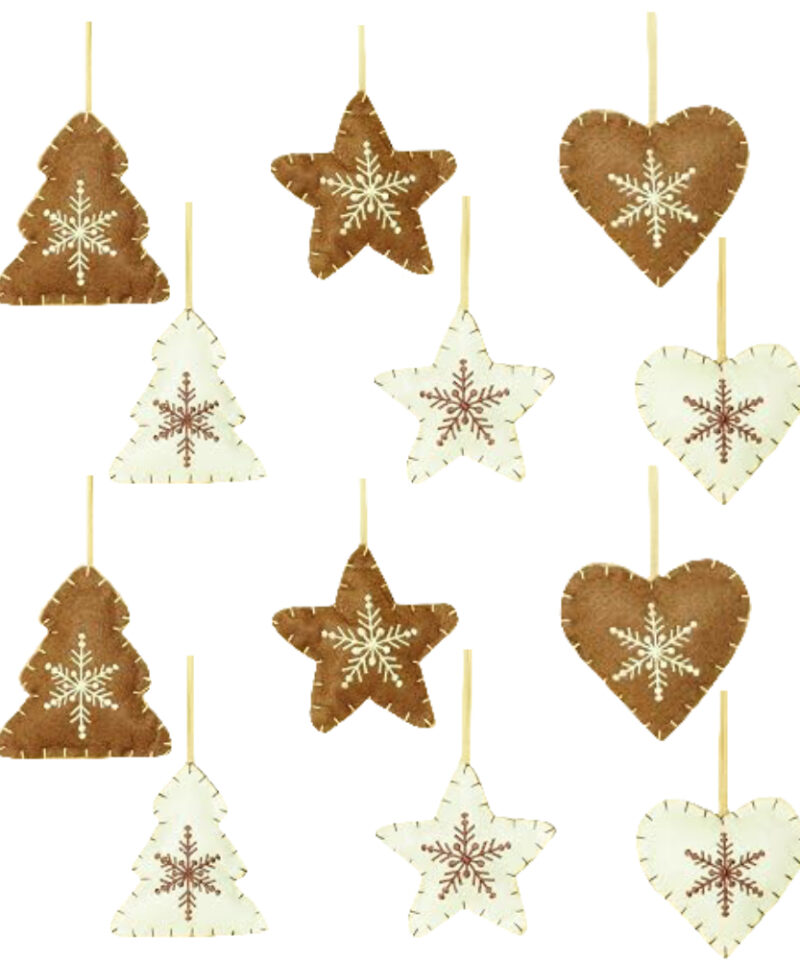 Two Of Each Assorted Brown And White Shaped Fabric Tree Hangers With Contrasting Snowflake Detail - Christmas Tree Decorations