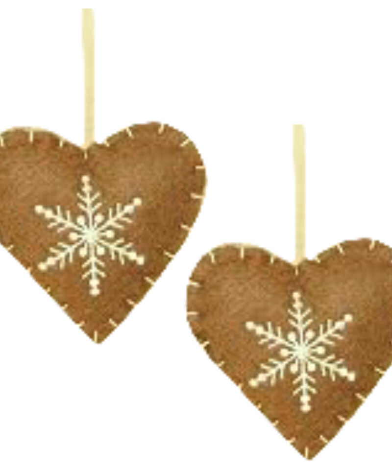 Premier Two Brown Fabric Heart Shaped Tree Hangers With Contrasting White Snowflake Detail - Christmas Tree Decorations