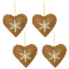 Four Brown Fabric Heart Shaped Tree Hangers With Contrasting White Snowflake Detail - Christmas Tree Decorations