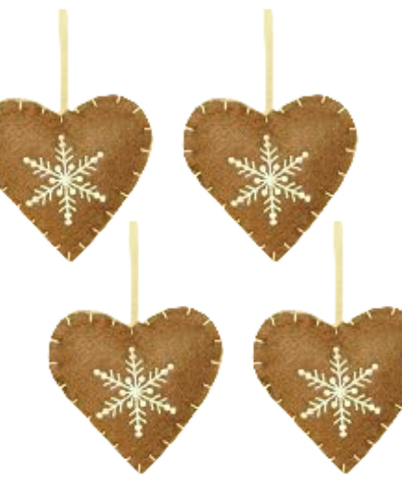 Four Brown Fabric Heart Shaped Tree Hangers With Contrasting White Snowflake Detail - Christmas Tree Decorations