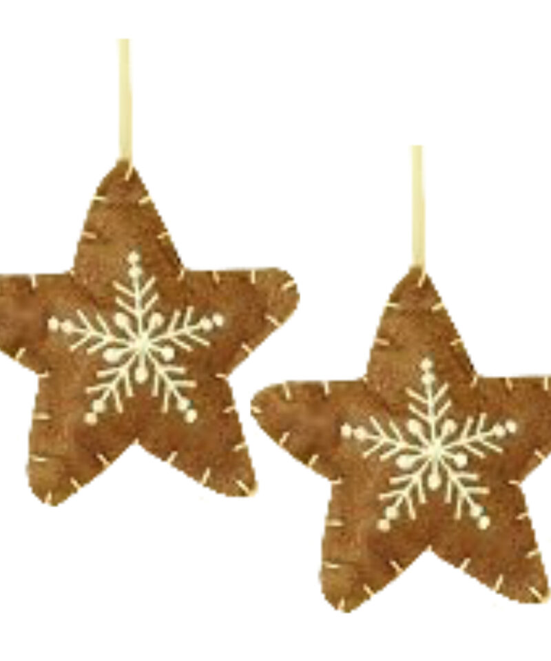 Two Brown Fabric Star Shaped Tree Hangers With Contrasting White Snowflake Detail - Christmas Tree Decorations