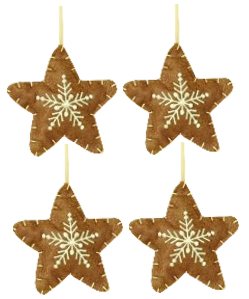 Four Brown Fabric Star Shaped Tree Hangers With Contrasting White Snowflake Detail - Christmas Tree Decorations