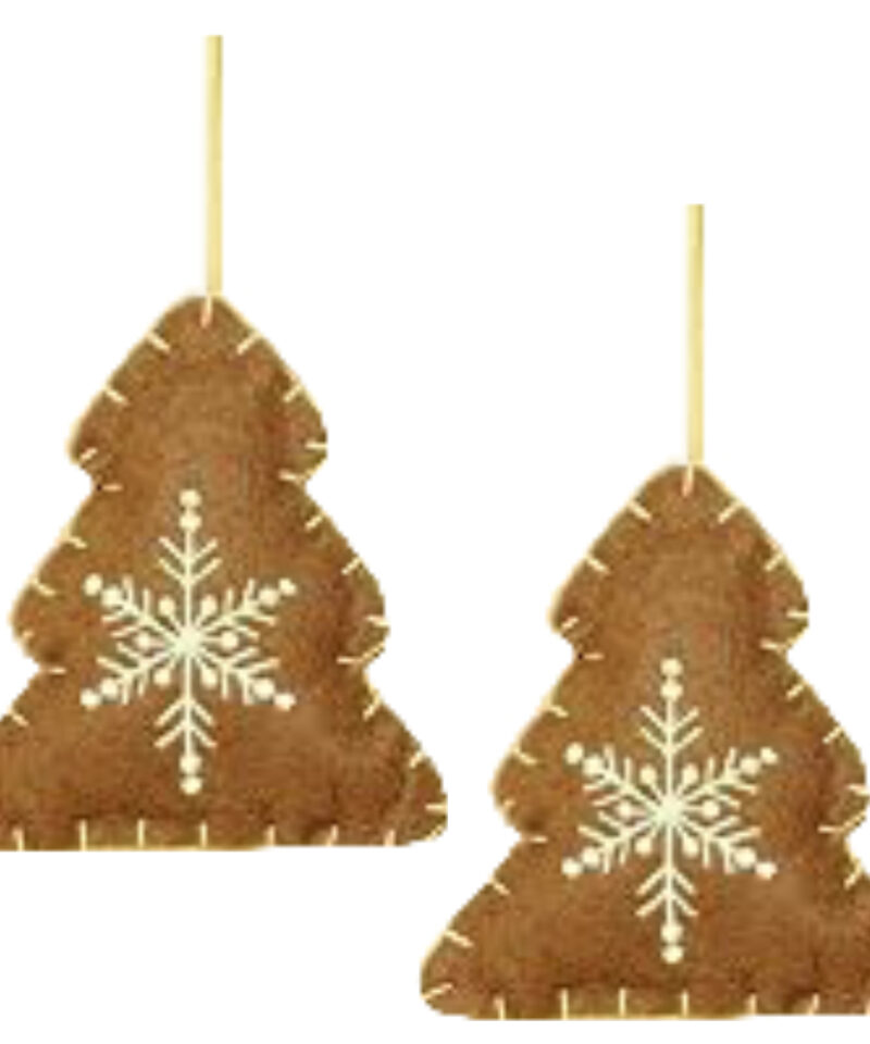 Two Brown Fabric Tree Shaped Tree Hangers With Contrasting White Snowflake Detail - Christmas Tree Decorations