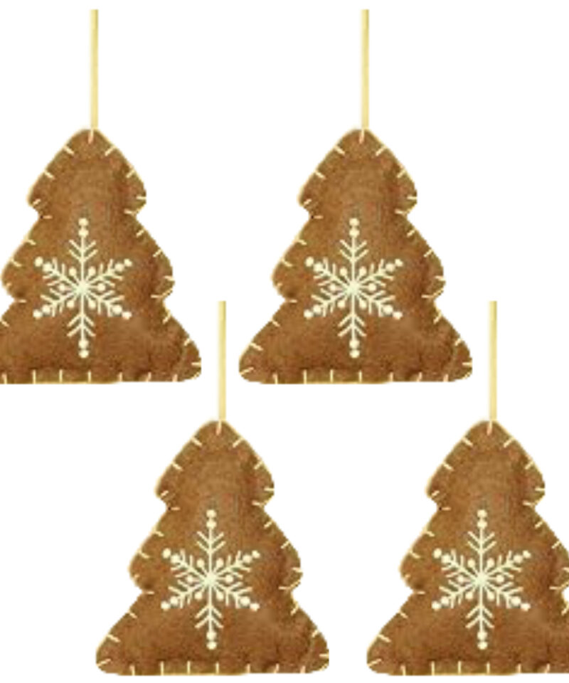 Four Brown Fabric Tree Shaped Tree Hangers With Contrasting White Snowflake Detail - Christmas Tree Decorations