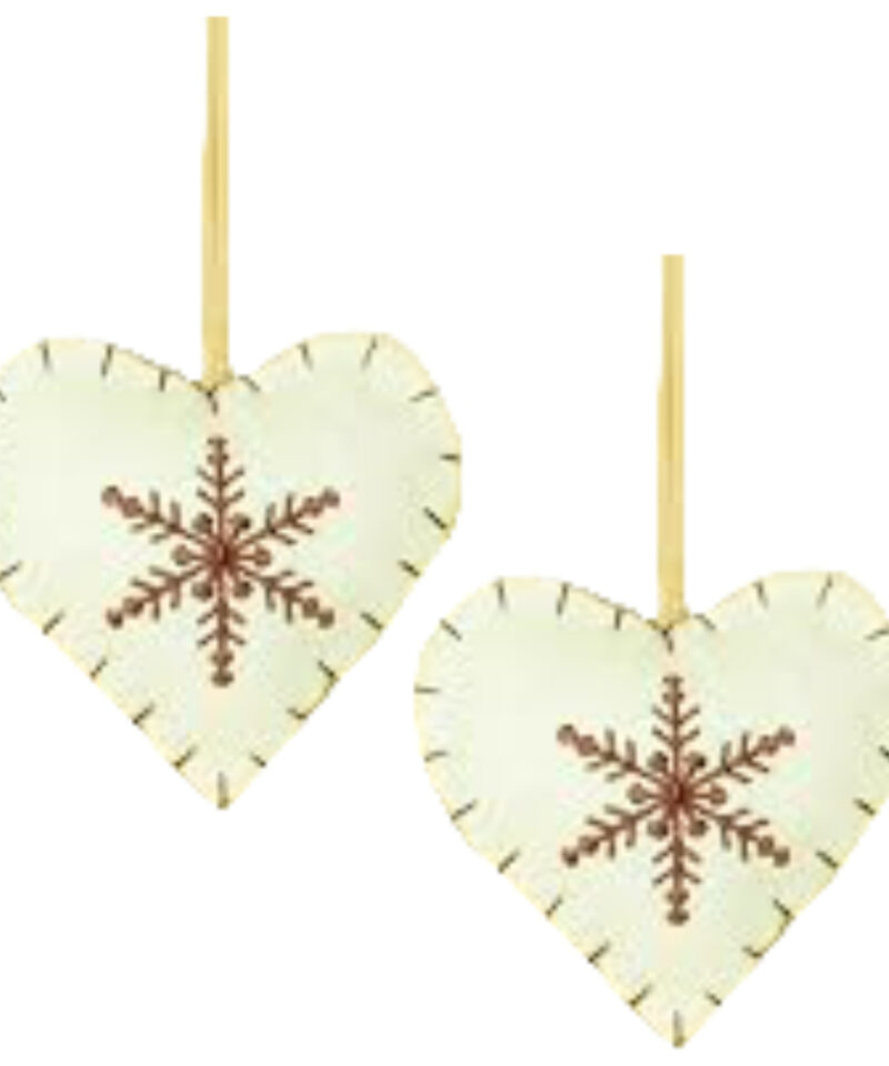 Two White Fabric Heart Shaped Tree Hangers With Contrasting Brown Snowflake Detail - Christmas Tree Decorations