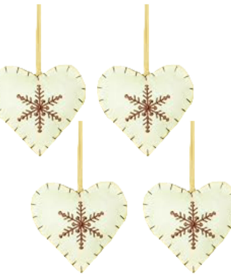 Four White Fabric Heart Shaped Tree Hangers With Contrasting Brown Snowflake Detail - Christmas Tree Decorations