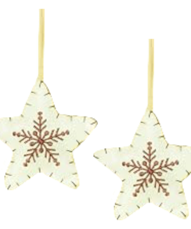 Two White Fabric Star Shaped Tree Hangers With Contrasting Brown Snowflake Detail - Christmas Tree Decorations
