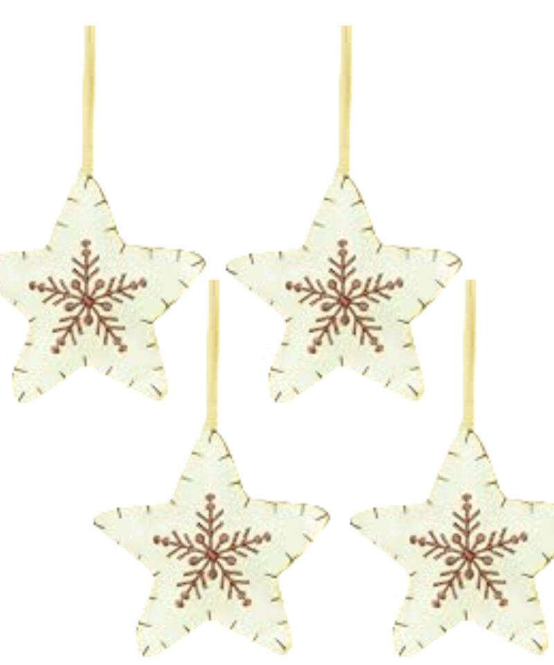 Four White Fabric Star Shaped Tree Hangers With Contrasting Brown Snowflake Detail - Christmas Tree Decorations