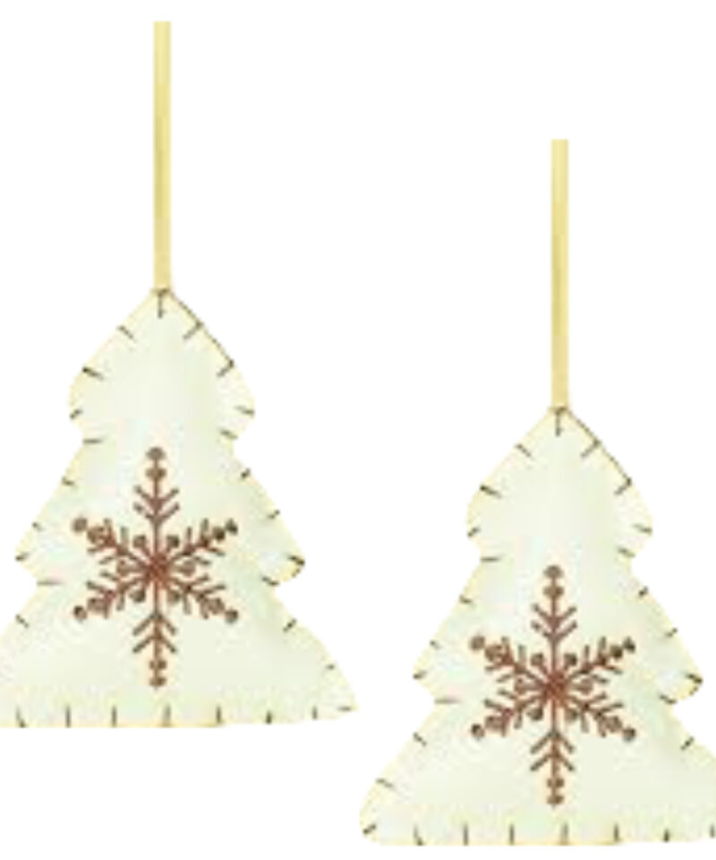 Two White Fabric Tree Shaped Tree Hangers With Contrasting Brown Snowflake Detail - Christmas Tree Decorations