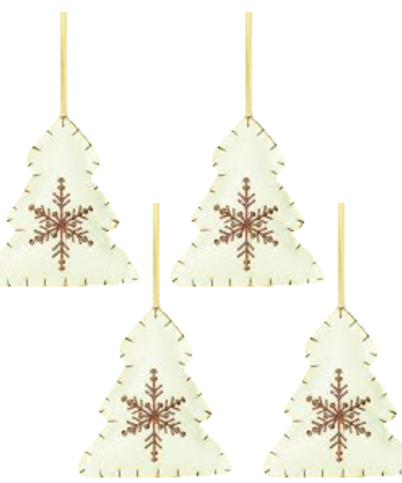 Four White Fabric Tree Shaped Tree Hangers With Contrasting Brown Snowflake Detail - Christmas Tree Decorations
