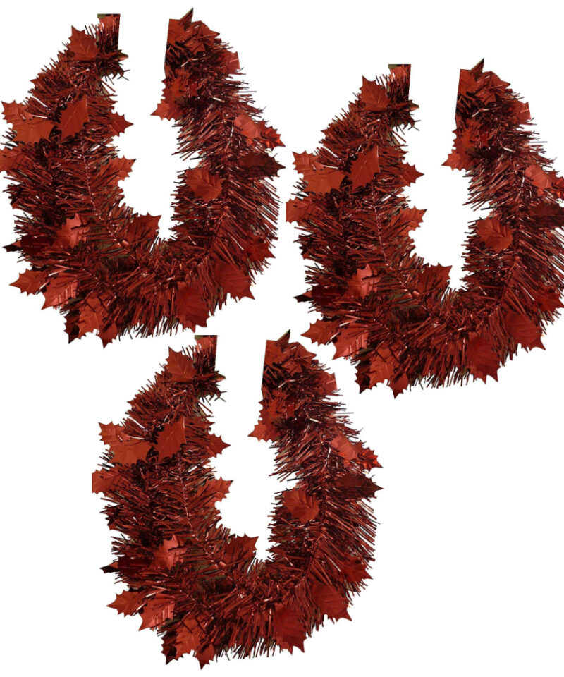 PACK OF 3-2.4 Metre Length (8FT) Holly Leaf Tinsel Garland In Dark Red/Bur.