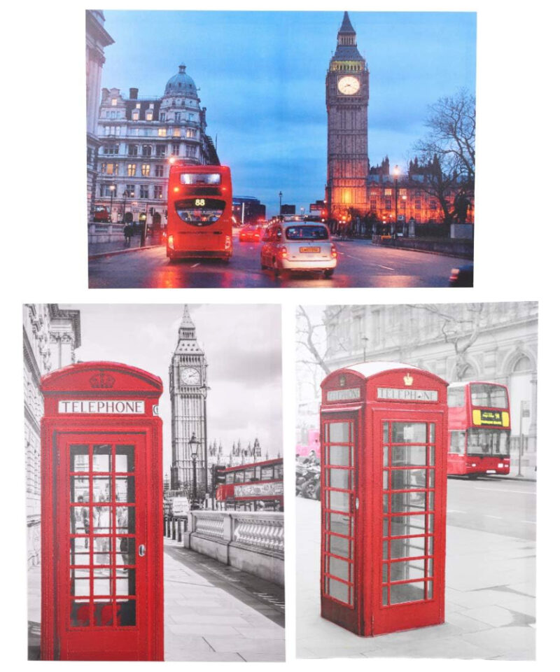 Toyland 3 Assorted Designs 70 x 50 cm Red Glitter Canvas' Each Showing A Different London Scene