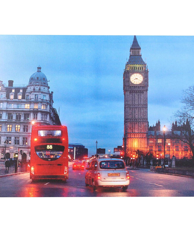 Toyland® London Scene Landscape Canvas Featuring Red Bus With Glitter Detail & The Big Ben - 70cm x 50cm (27.5" x 20")