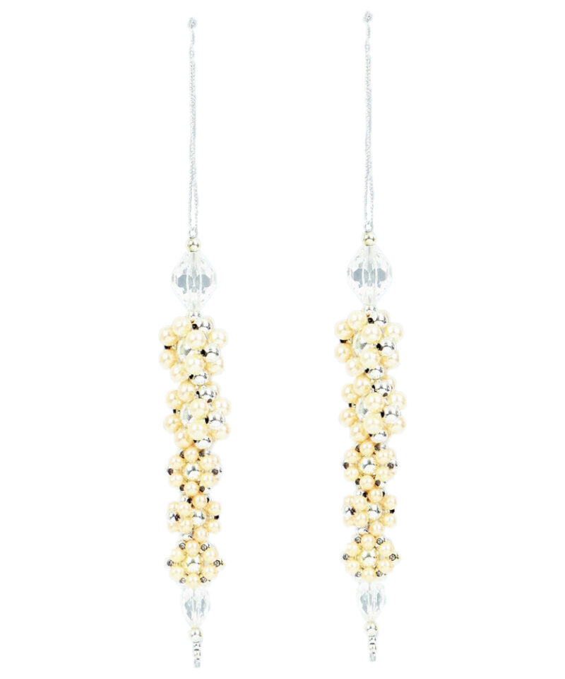 Pack of 2 - Shiny Silver And Ivory Bead Coated Icicle Decorations With Faux Jewels - Perfect Christmas Tree Decoration