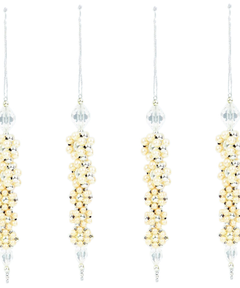Toyland Pack of 4 - Shiny Silver And Ivory Bead Coated Icicle Decorations With Faux Jewels - Perfect Christmas Tree Decoration