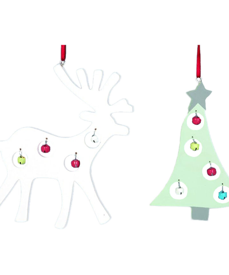 One Reindeer And One Christmas Tree Shaped Tree Hangers With Pale Multi-Coloured Bells - Christmas Decoration