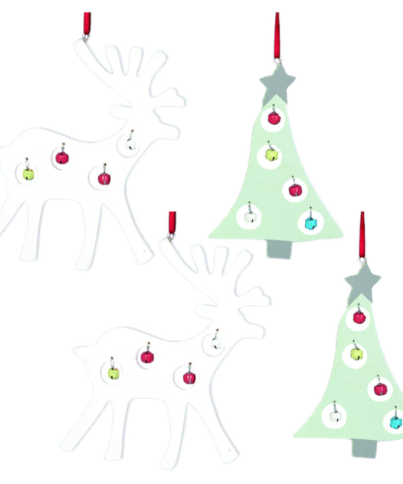 Two Reindeer And Two Christmas Tree Shaped Tree Hangers With Pale Multi-Coloured Bells - Christmas Decoration