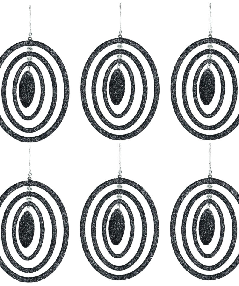 Toyland® Pack of 6 - Oval Shaped Black Glitter Coated Hanging Decorations - Perfect Christmas Decoration