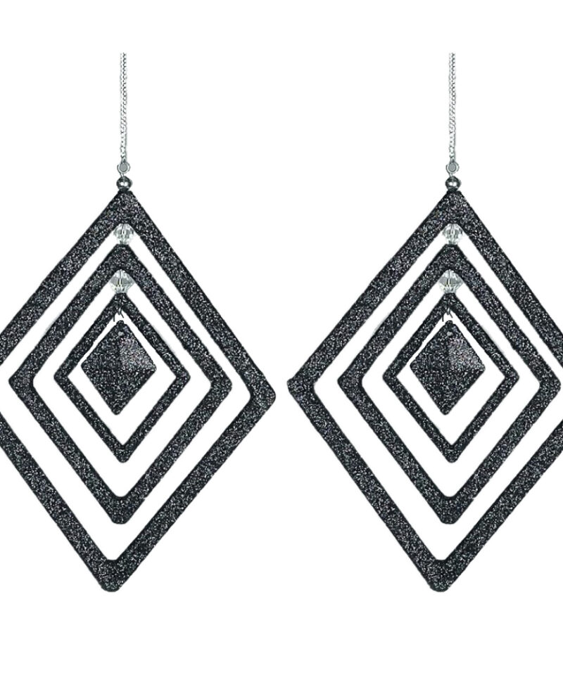 2 Diamond Shaped Black Glitter Coated Hanging Decorations - Perfect Christmas Decoration