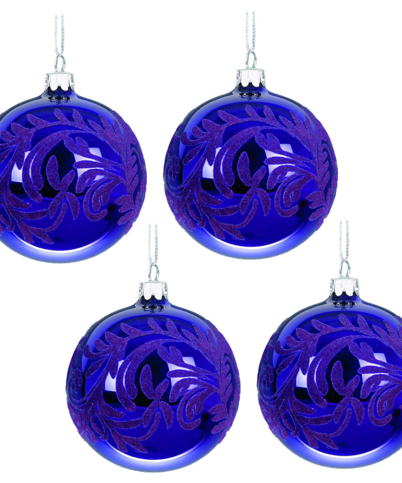 Toyland 4 Purple Floral Inspired Flocked Ball Shaped Baubles - Perfect Christmas Tree Decoration