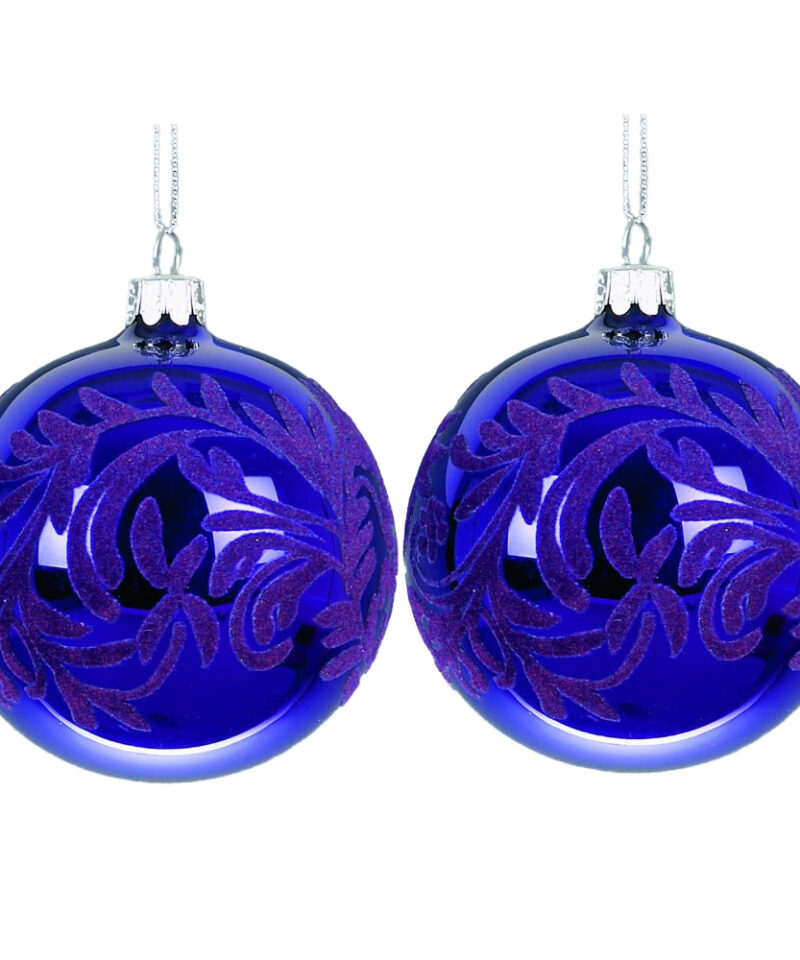 Toyland 2 Purple Floral Inspired Flocked Ball Shaped Baubles - Perfect Christmas Tree Decoration