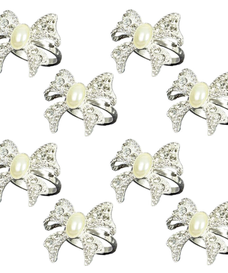 Two Packs of A Set of 4 Silver Diamante Bow Shaped Napkin Rings with Faux Pearl Centre