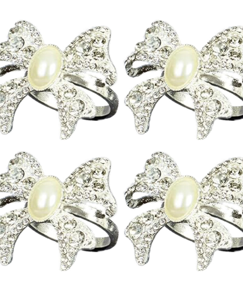Set of 4 Silver Diamante Bow Shaped Napkin Rings with Faux Pearl Centre