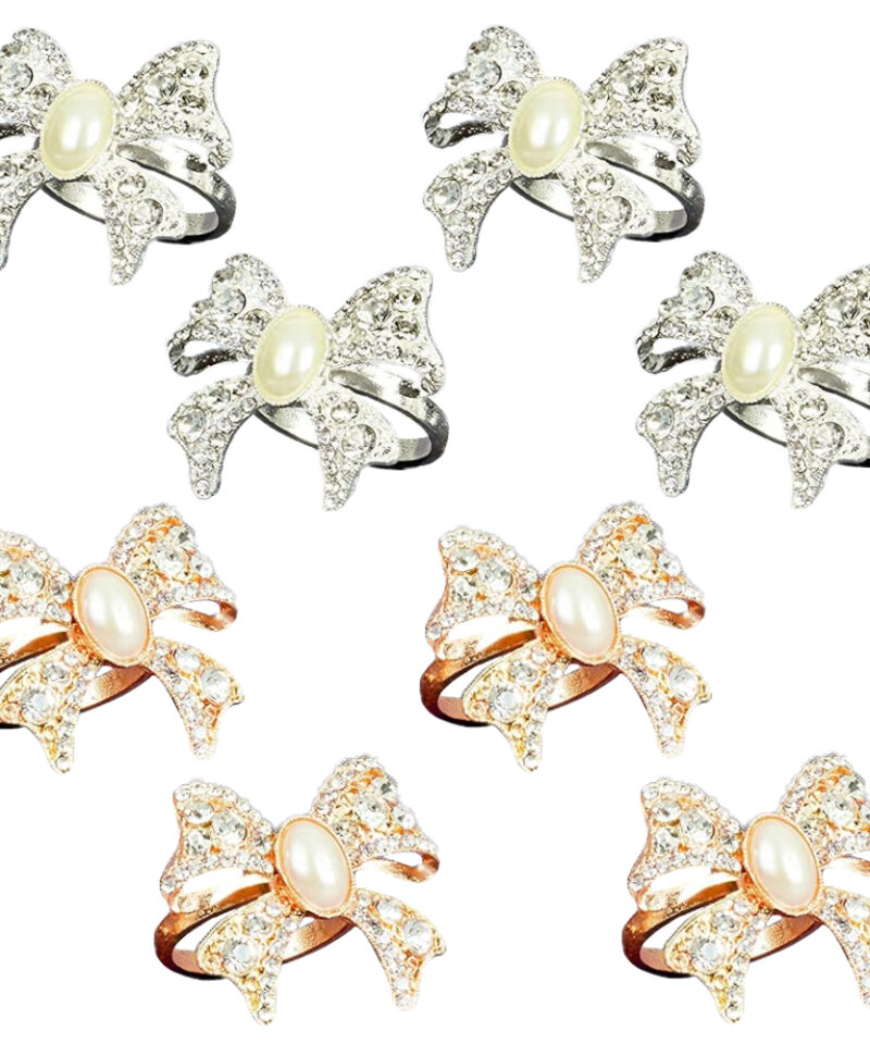 One Set of 4 Gold and One Set of 4 Silver Diamante Bow Shaped Napkin Rings with Faux Pearl Centre