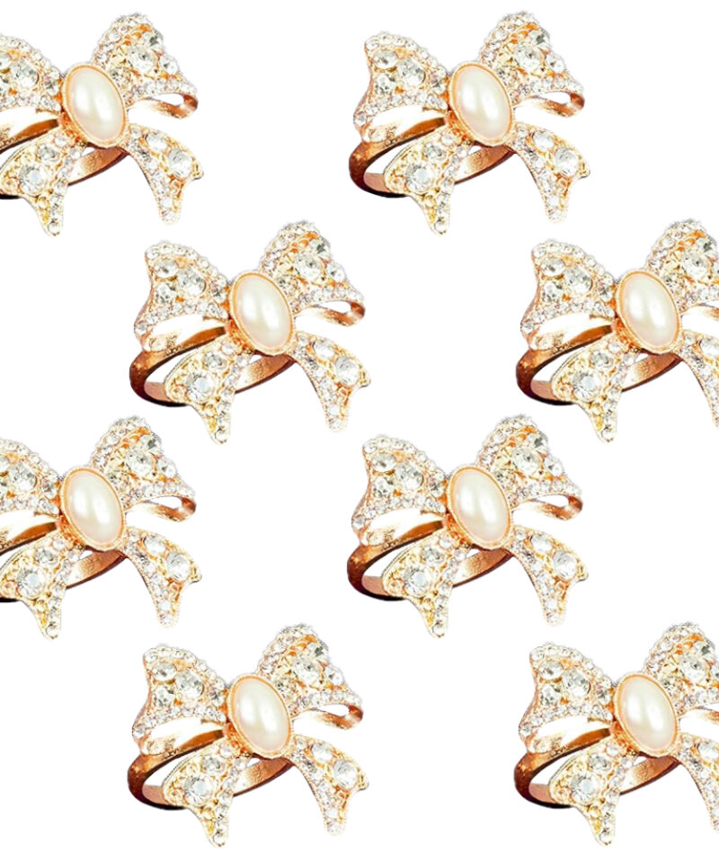 2 Packs of A Set of 4 Gold Diamante Bow Shaped Napkin Rings with Faux Pearl Centre