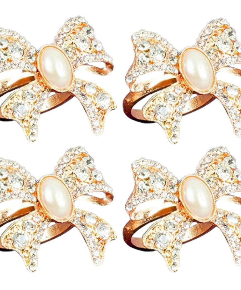 Toyland® Set of 4 Gold Diamante Bow Shaped Napkin Rings with Faux Pearl Centre