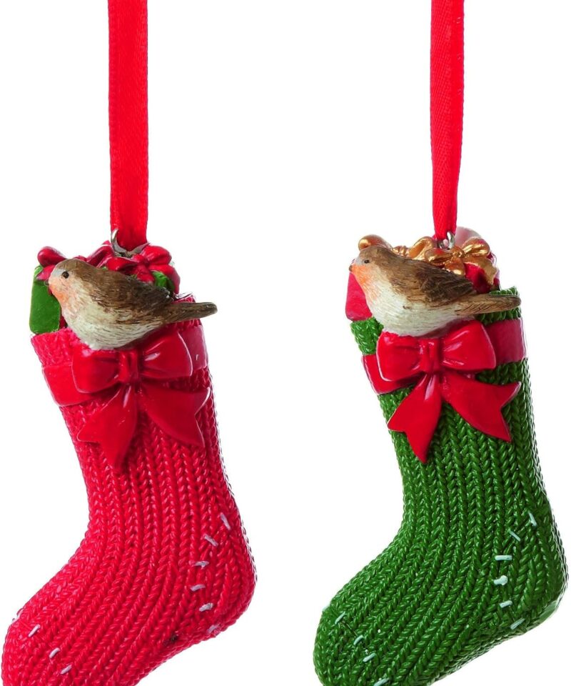 Pack of 2 - Red & Green Stocking Tree Trims With Decorative Robin Perched On Top - Christmas Hanger