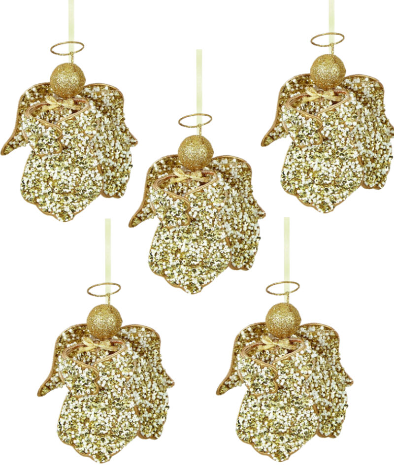 Pack of 5 - Glitter and Bead Encrusted Angel Tree Trims - Christmas Tree Decorations